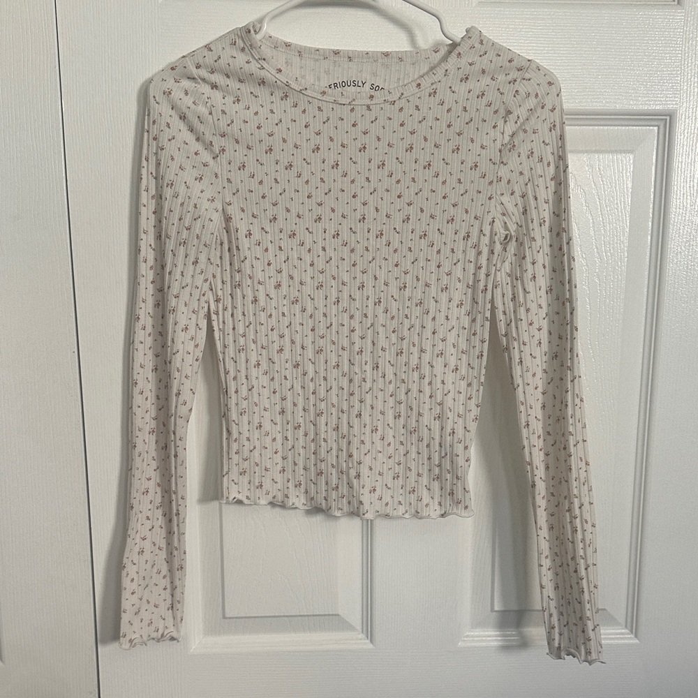 Aeropostale Women's Long Sleeve Ribbed Top in White with Pink Floral